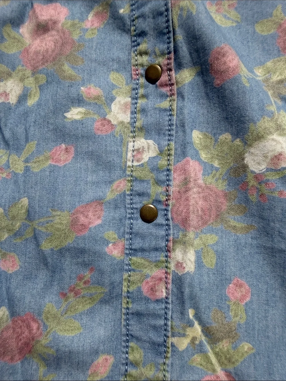 Tinseltown Chambray Floral Button-Front Sundress in Blue and Pink